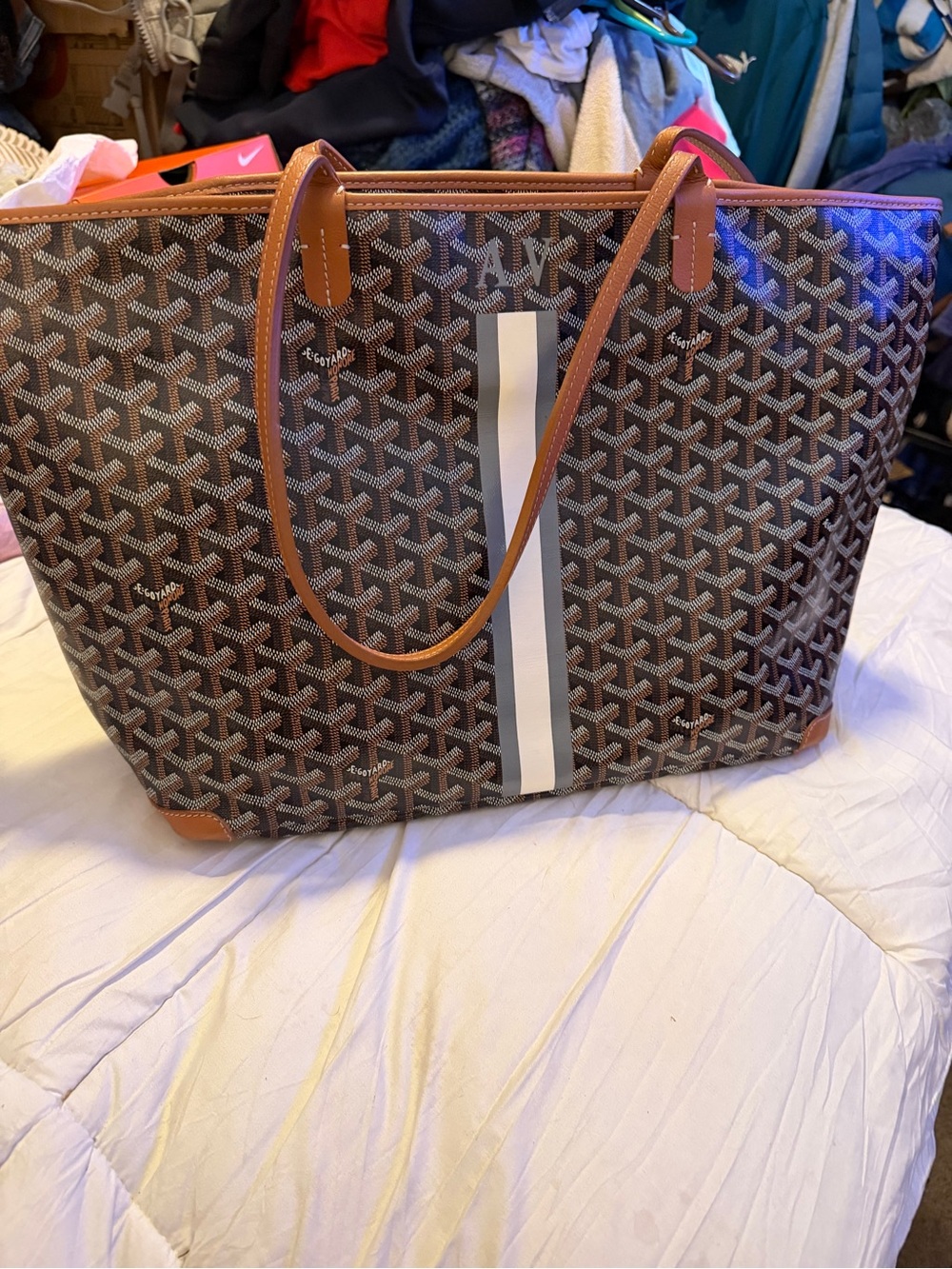Authentic Goyard Patterned Tote Bag with White Stripe with dust bag
